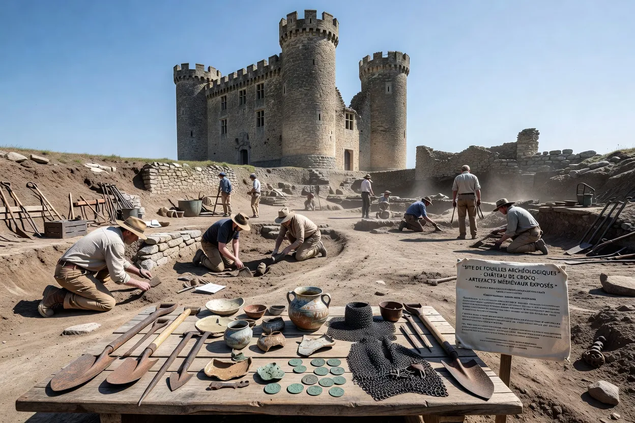 Sondage archéologique sur le site du château de Crocq, structures en creux dégagées