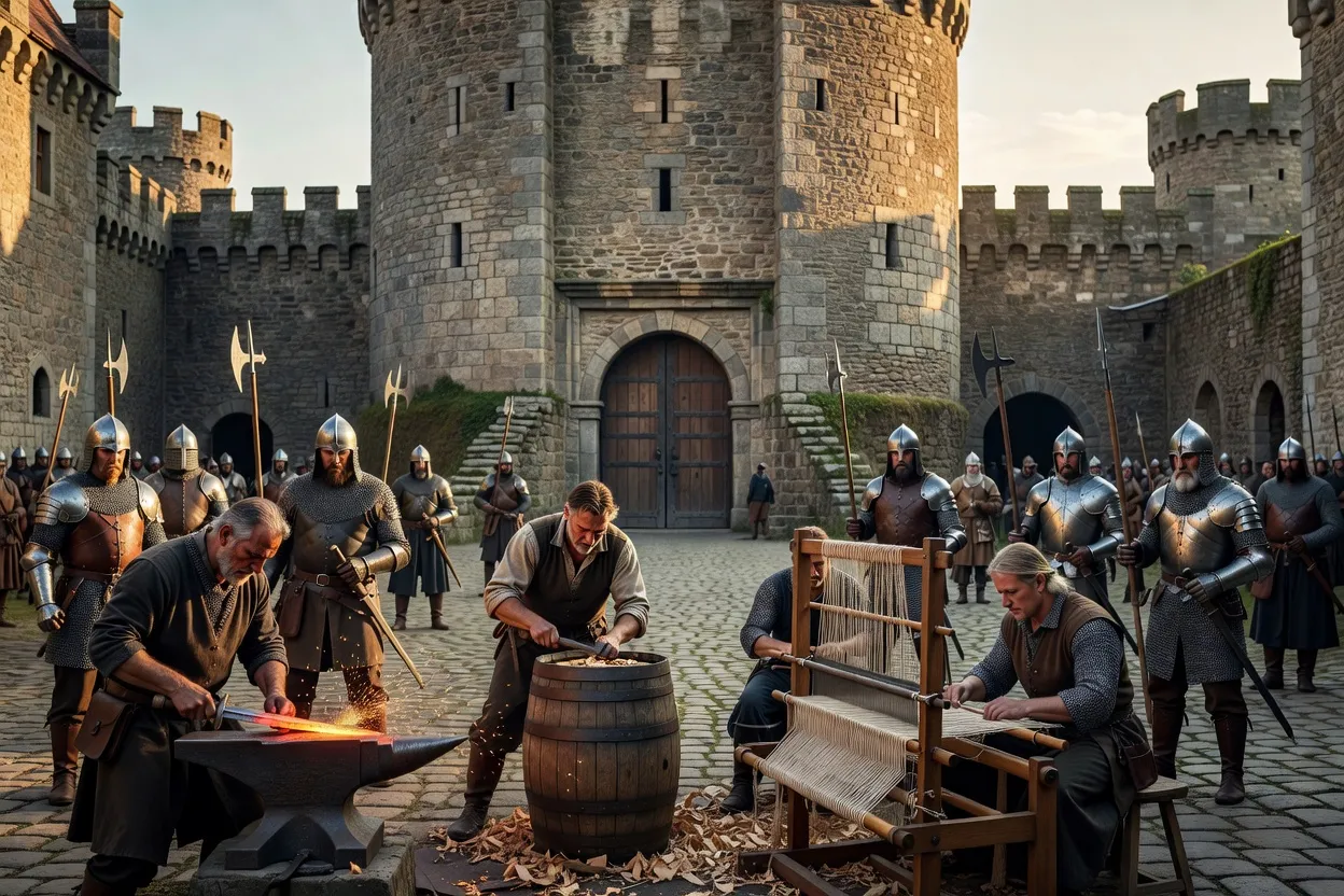 Reconstitution d'une scène médiévale autour du donjon de Crocq, soldats et artisans au travail