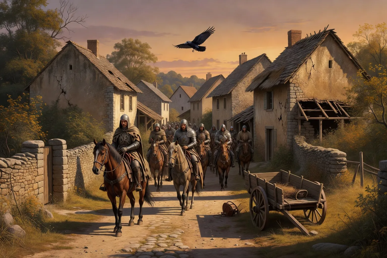 Cavalerie mercenaire traversant un village creusois au XIVᵉ siècle