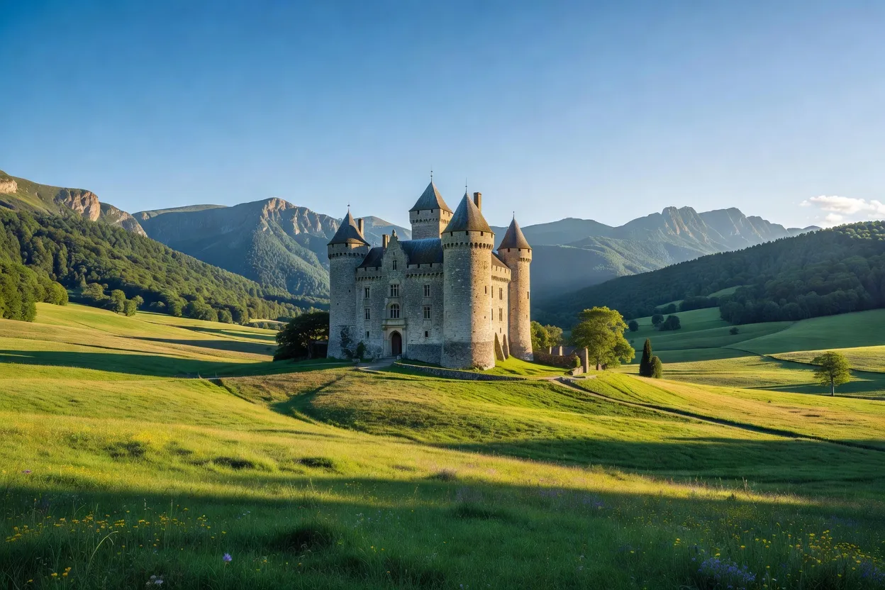 Tours médiévales de Crocq dominant le plateau des Combrailles au petit matin