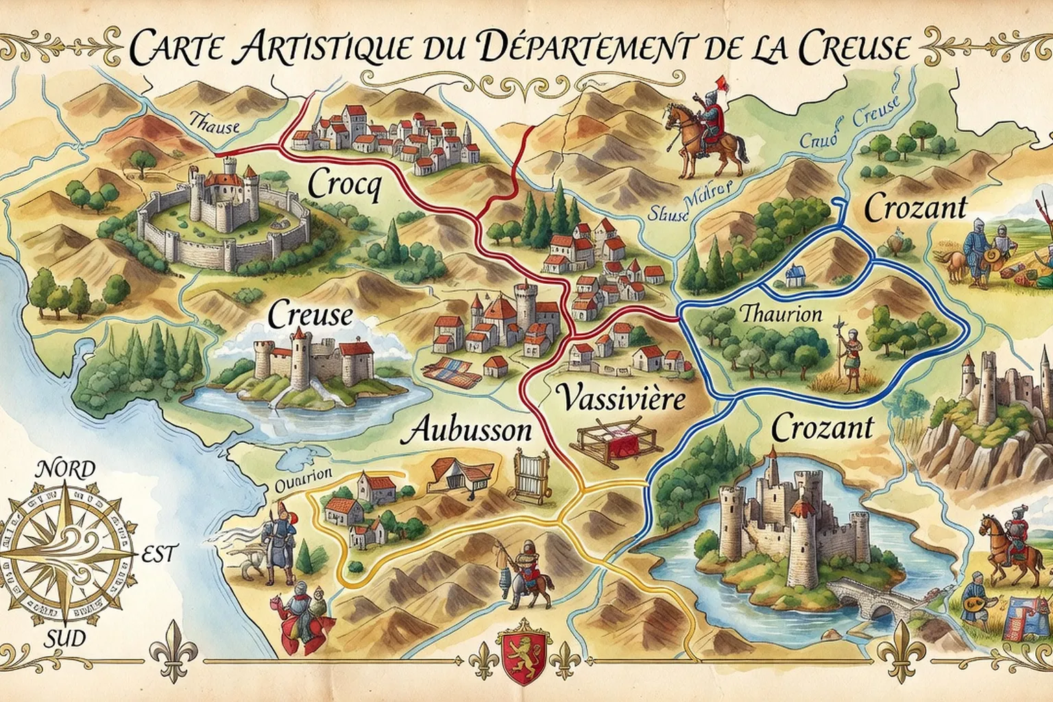 Carte des trois itinéraires patrimoine en Creuse, Nouvelle-Aquitaine