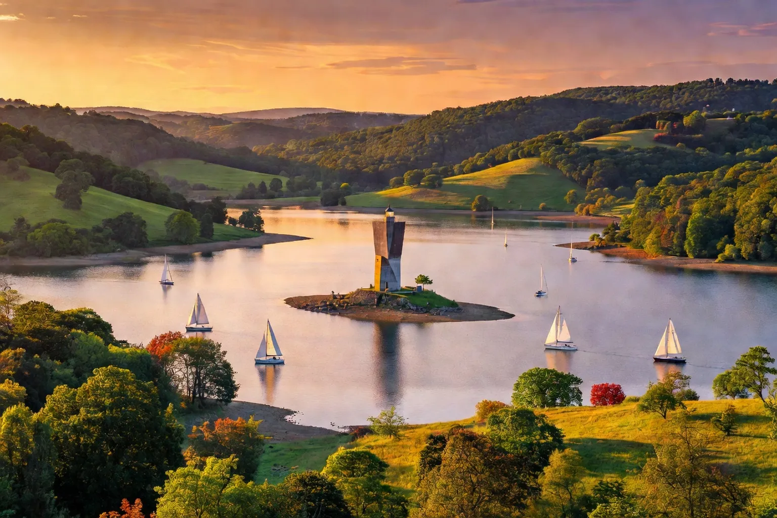 Vue panoramique sur l'étang de Vassivière, art contemporain et nature