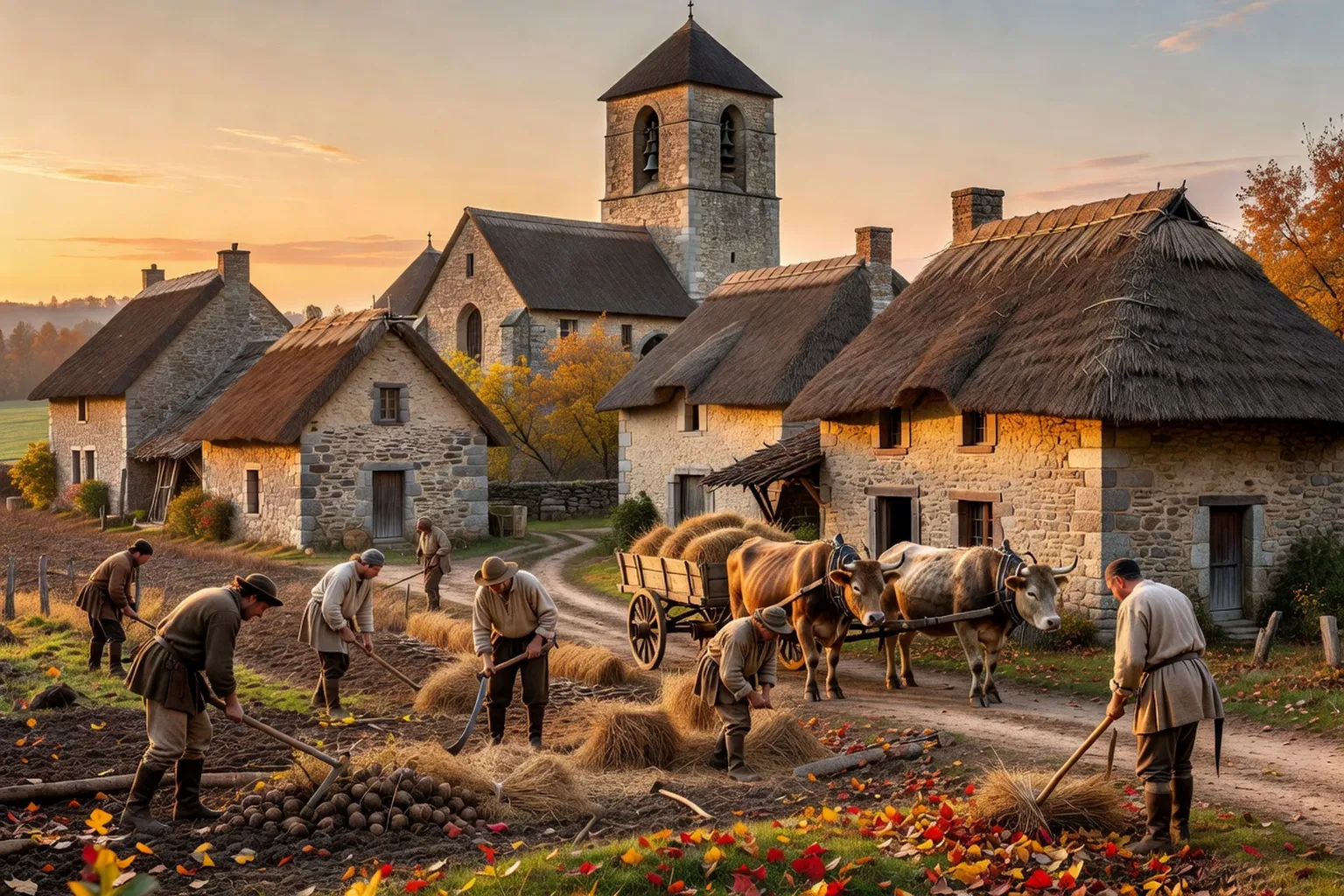 Vue artistique d'un village médiéval creusois au XIIIᵉ siècle