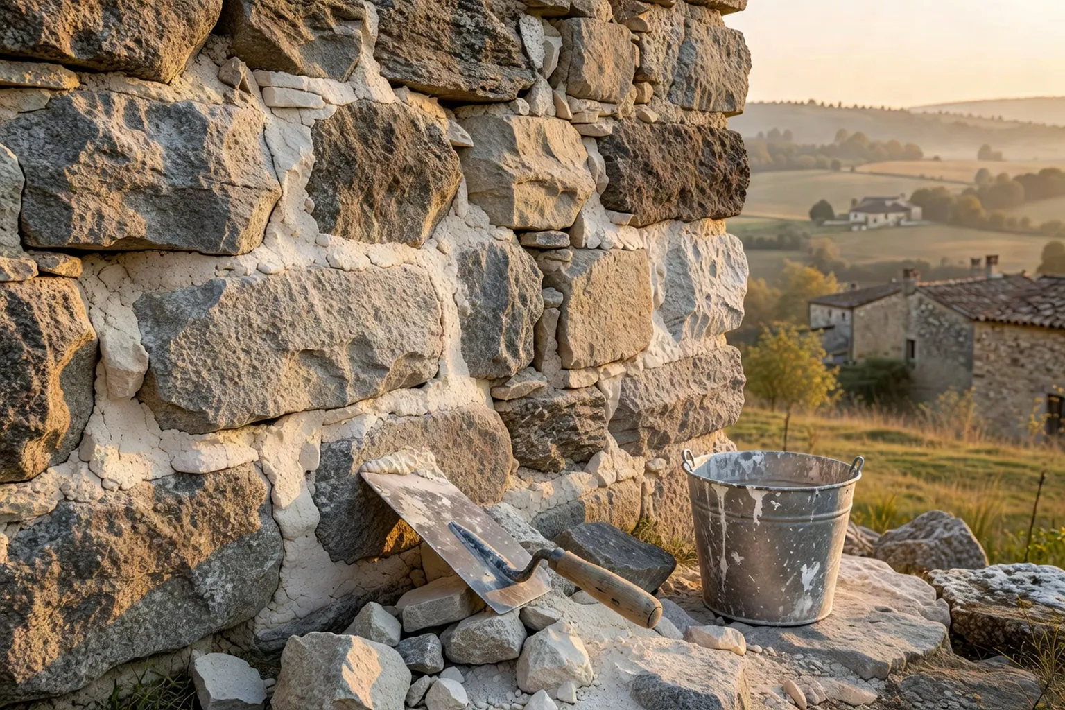 Détail d'un mur en granit creusois avec joints à la chaux