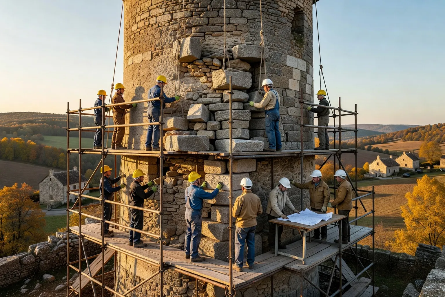 Chantier de restauration sur un monument médiéval creusois