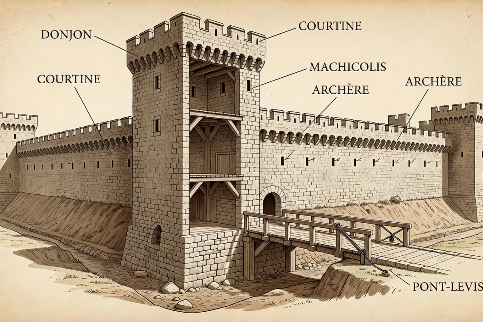 Schéma annoté d'une fortification médiévale type