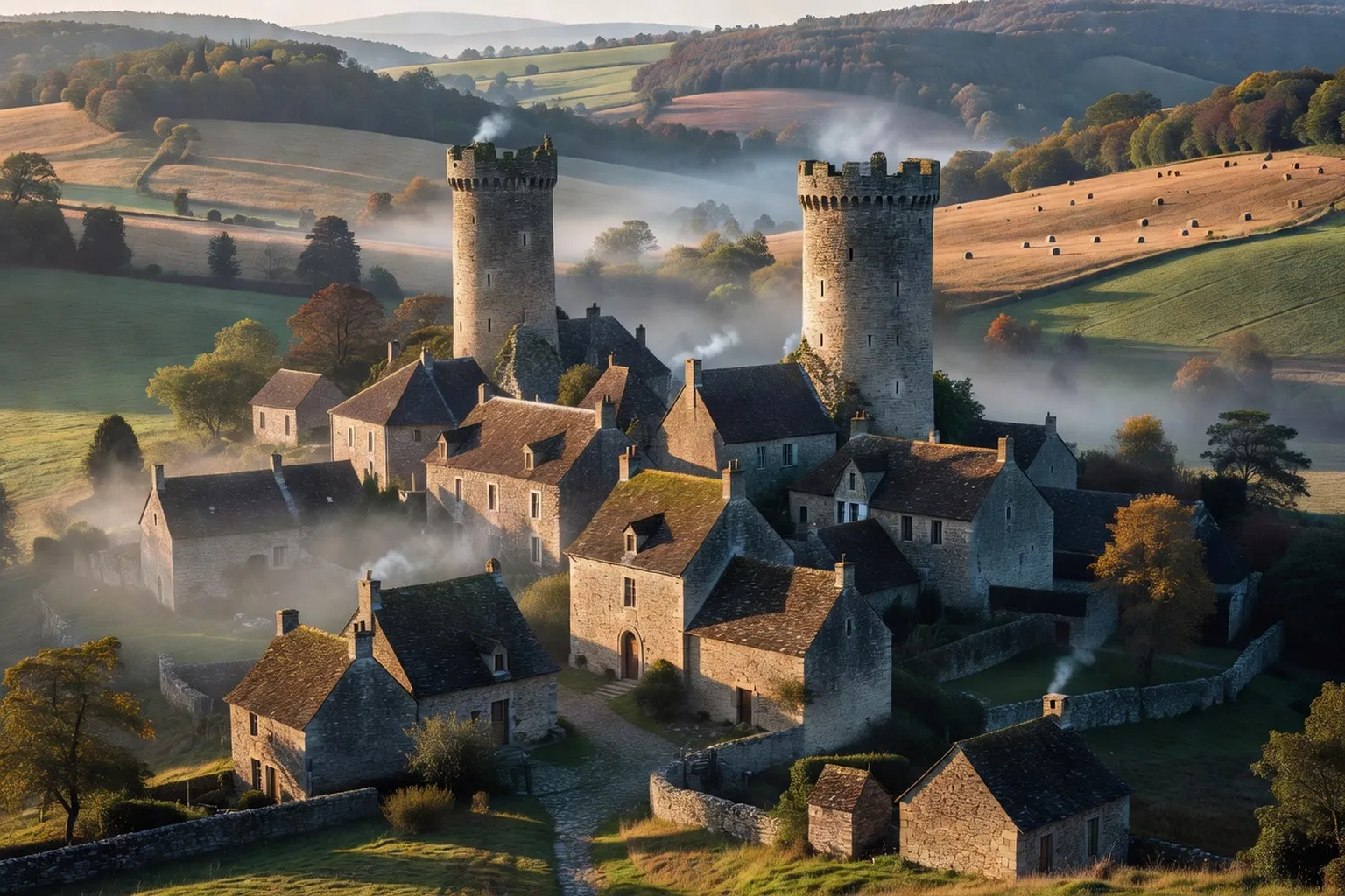 Vue d'ensemble des tours de Crocq depuis la place du village