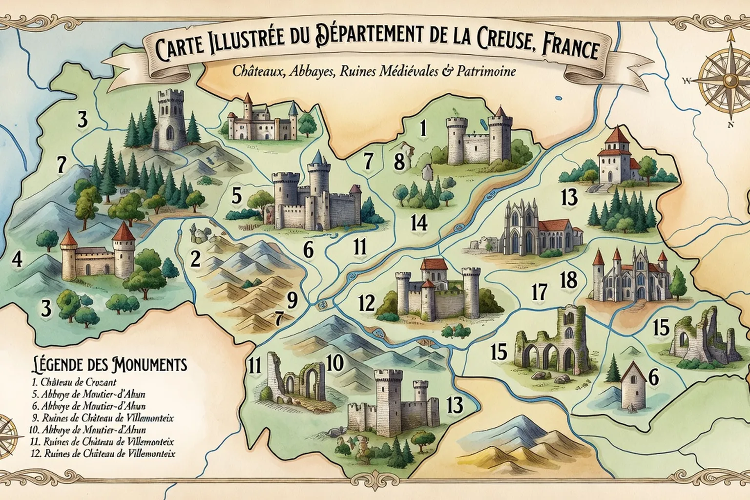Carte stylisée des 15 monuments incontournables de la Creuse